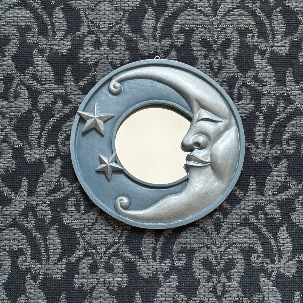 🌙 Hallowette - Handpainted Moon & Stars Mirror - Blue & Silver